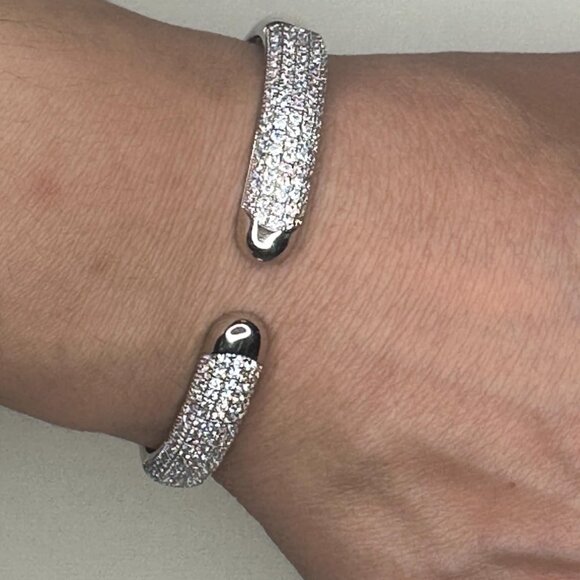 Neiman Marcus 14K White Gold Plated Cubic Zirconia Pave Bangle Cuff Bracelet - Picture 3 of 6